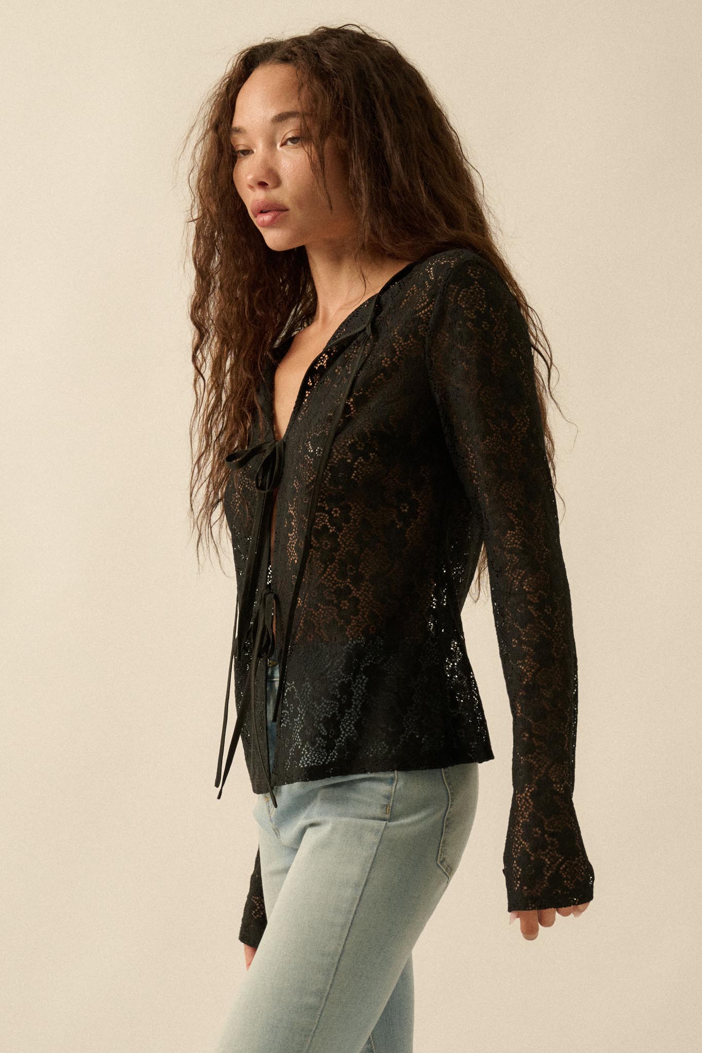 Lost in the Moment Floral Lace Tie-Front Top