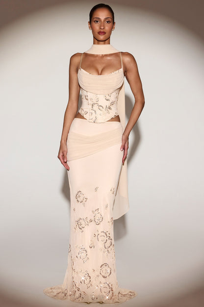 Embellished Draped Mid-Rise Maxi Skirt in Gold
