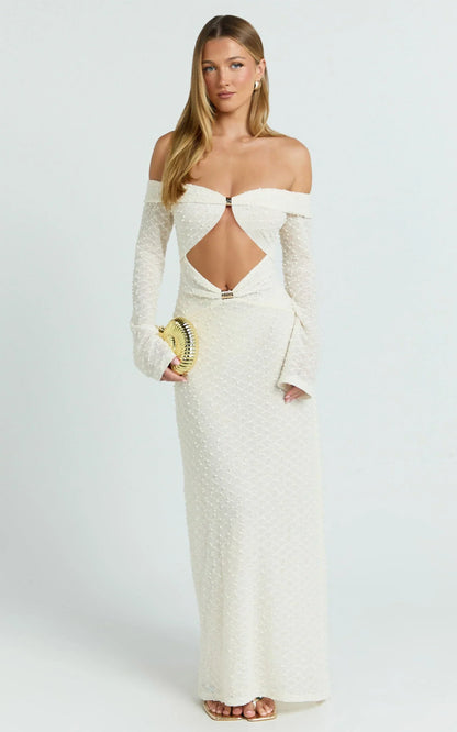 Romy Maxi Dress - Off Shoulder Long Sleeve Cut Out Gold Trim Fitted Dress in Ivory