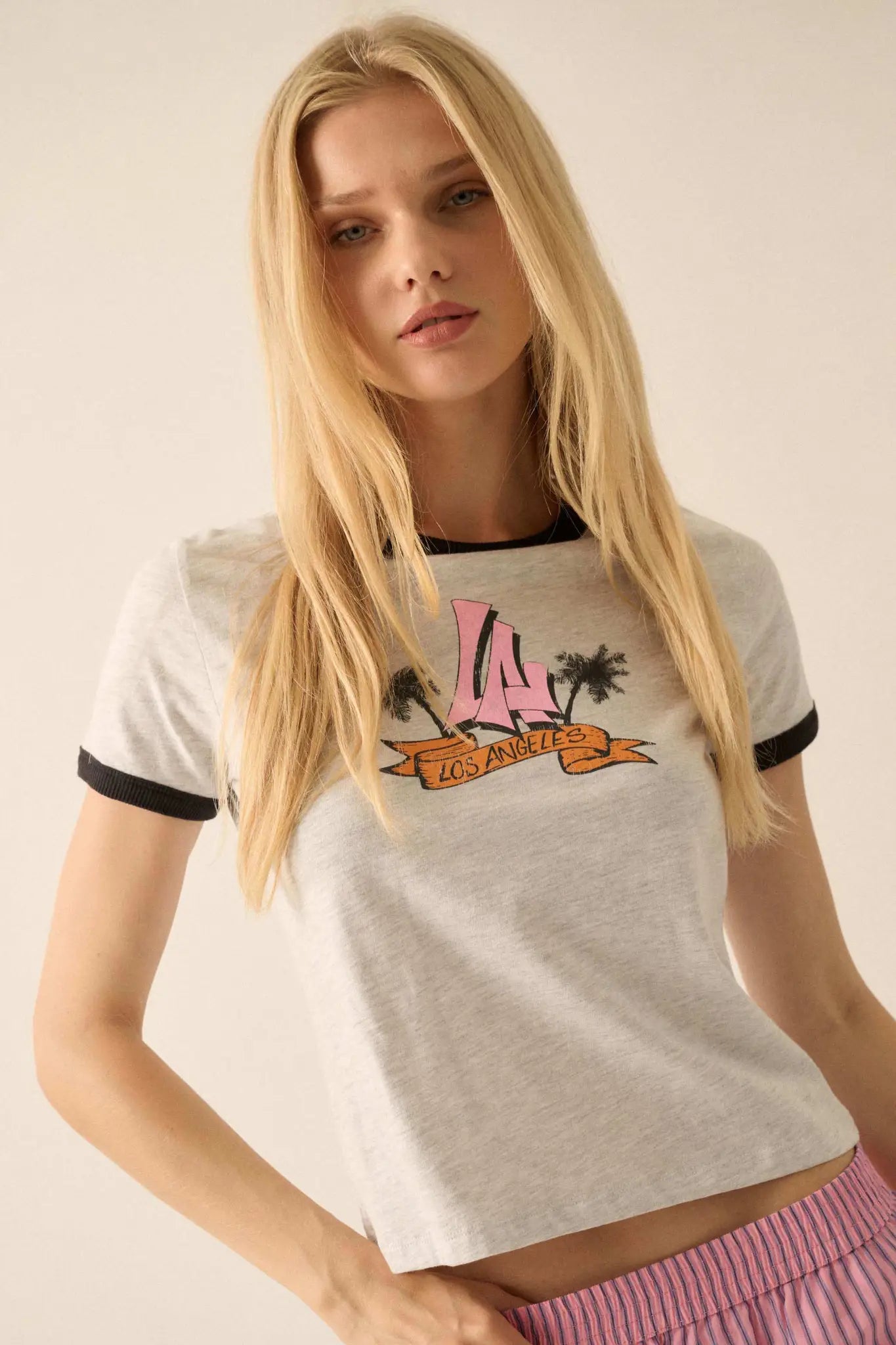 LA Vibes Vintage-Print Graphic Ringer Tee