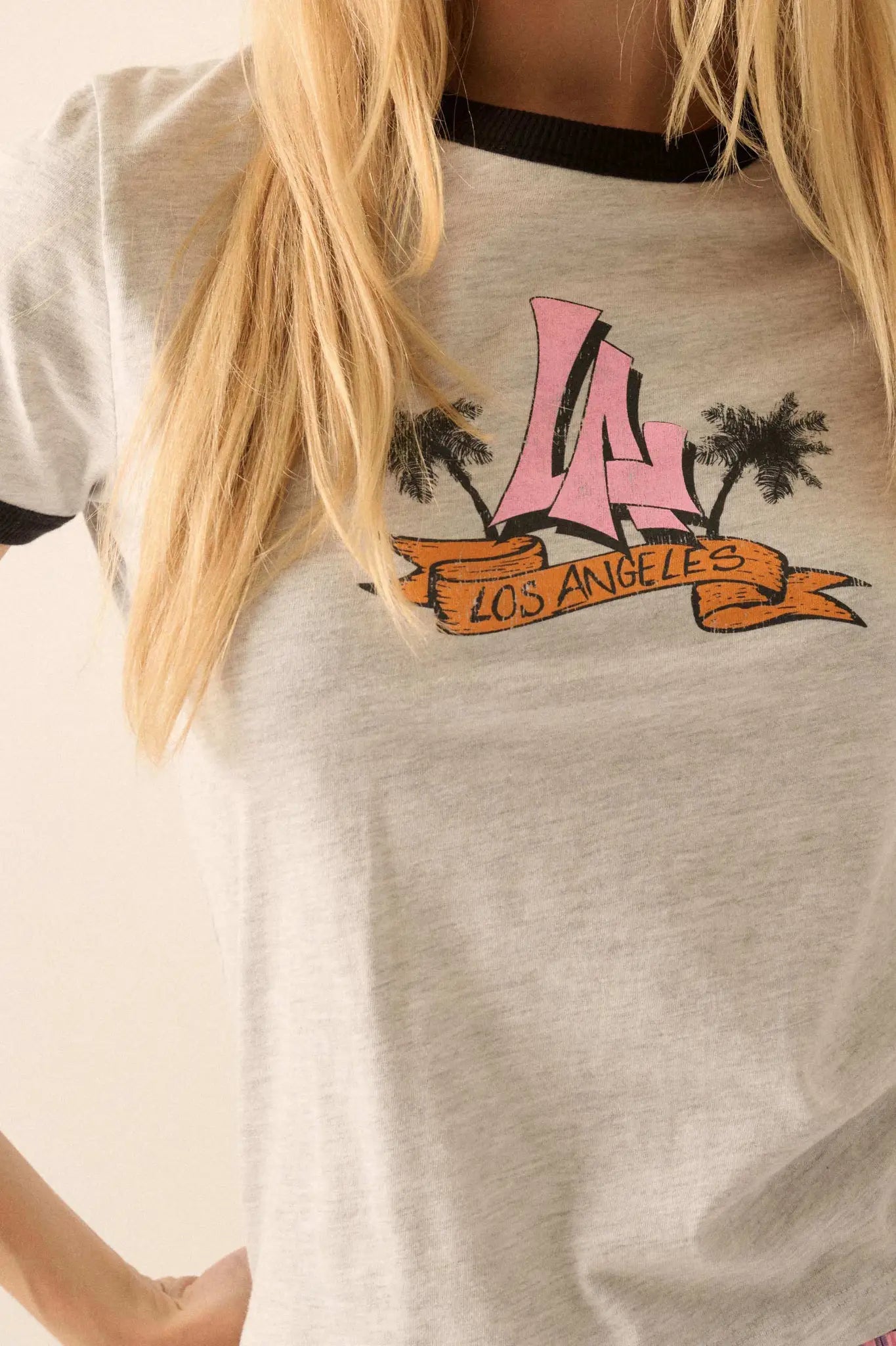 LA Vibes Vintage-Print Graphic Ringer Tee