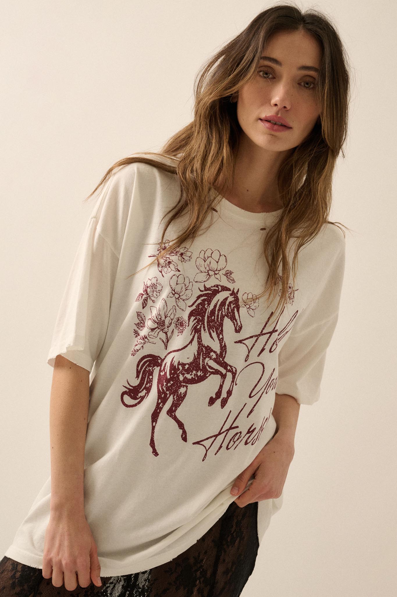 Hold Your Horses Distressed Floral Graphic Tee