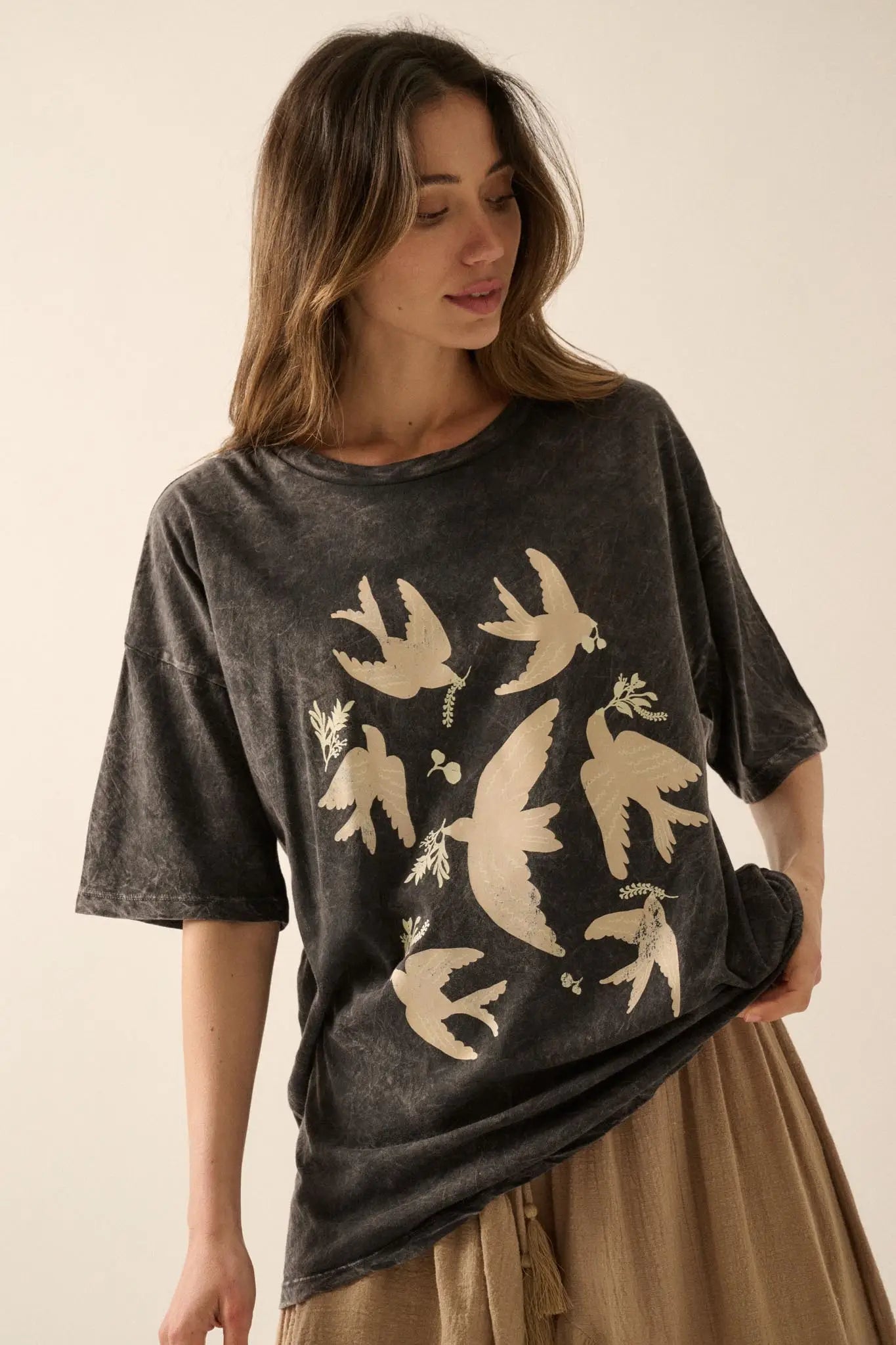 Free as a Bird Vintage-Wash Oversize Graphic Tee