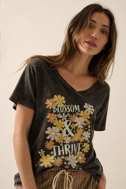 Blossom & Thrive Floral V-Neck Graphic Tee