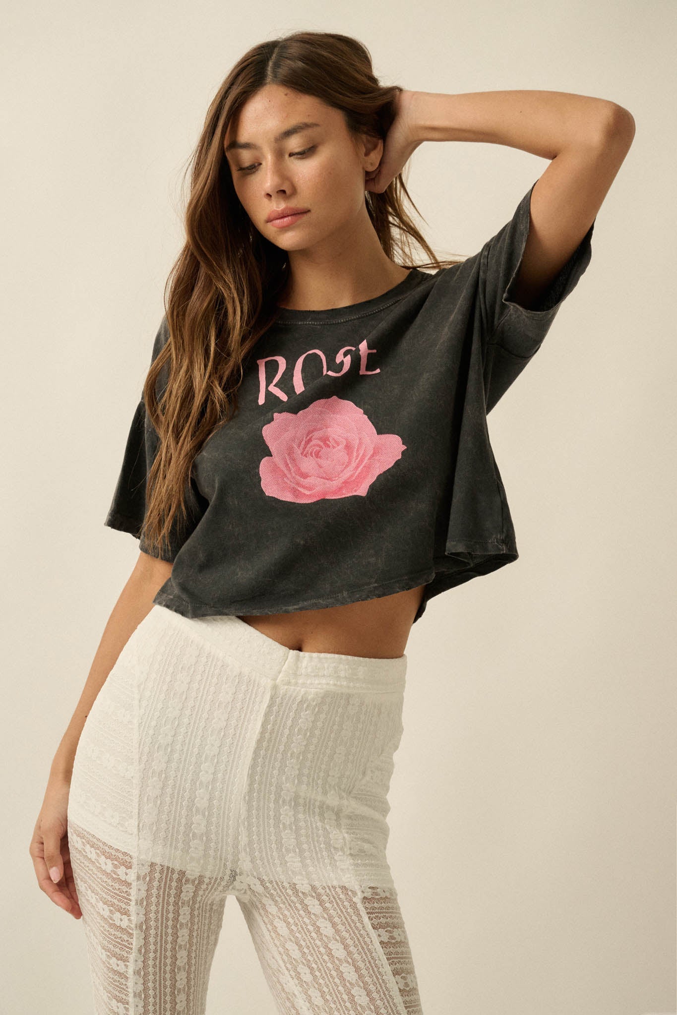 Blooming Rose Vintage-Wash Cropped Graphic Tee
