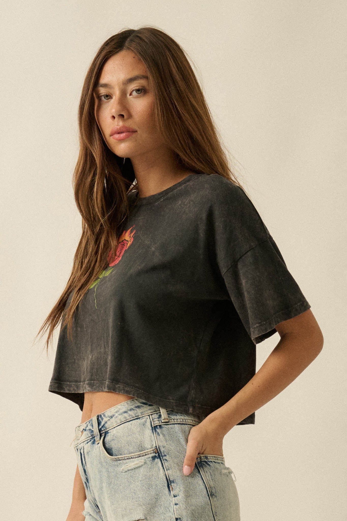 Burning Rose Vintage-Wash Cropped Graphic Tee