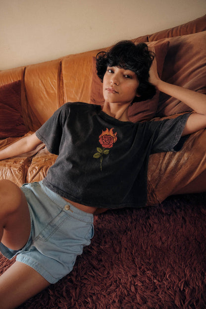 Burning Rose Vintage-Wash Cropped Graphic Tee