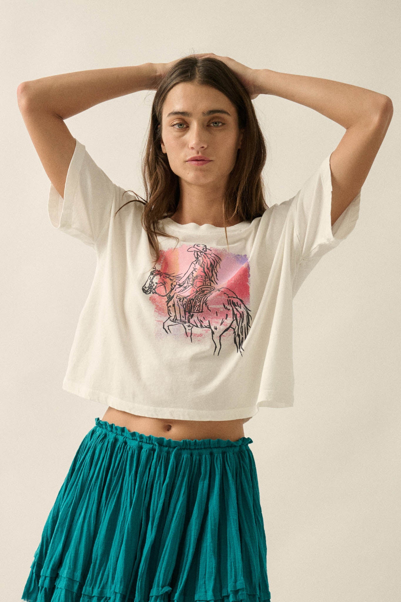 Cowgirl Ride Vintage-Print Cropped Graphic Tee