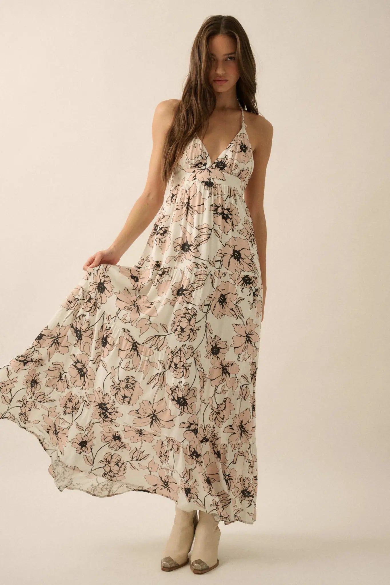 Blown Away Floral Crepe Tiered Halter Maxi Dress