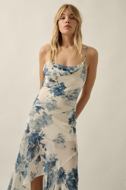 Elegant Beauty Floral Chiffon Open-Back Maxi Dress