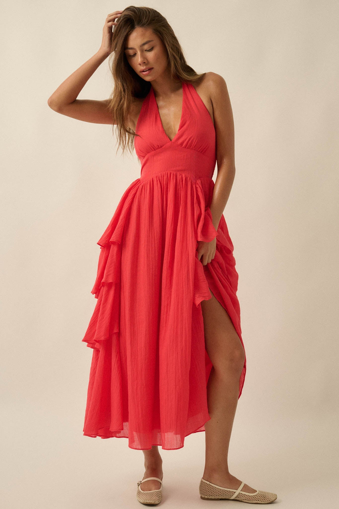 All Aflutter Gauze Tiered Ruffle Halter Maxi Dress