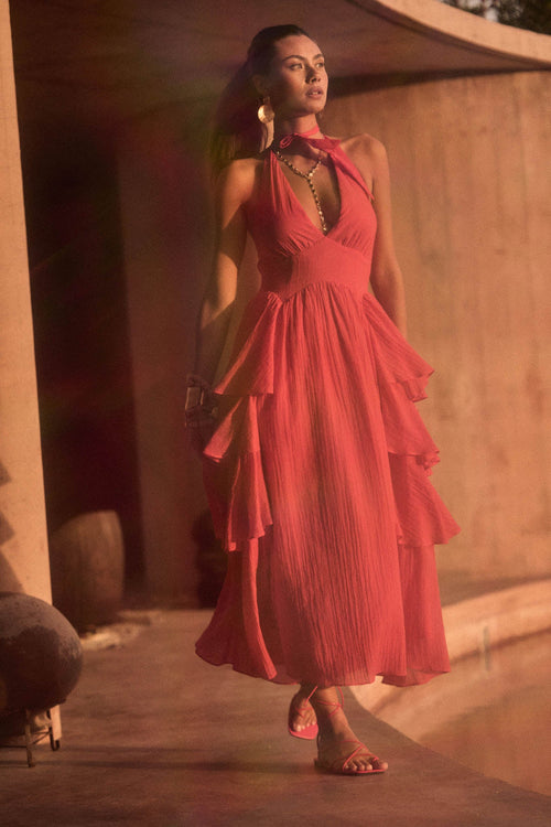 All Aflutter Gauze Tiered Ruffle Halter Maxi Dress