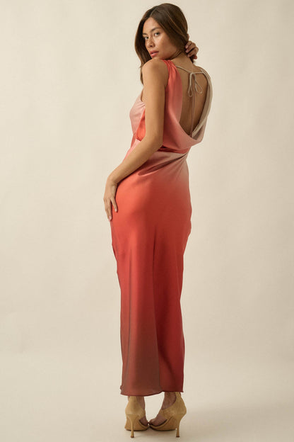 Glow Up Ombre Satin Cowl-Back Maxi Dress