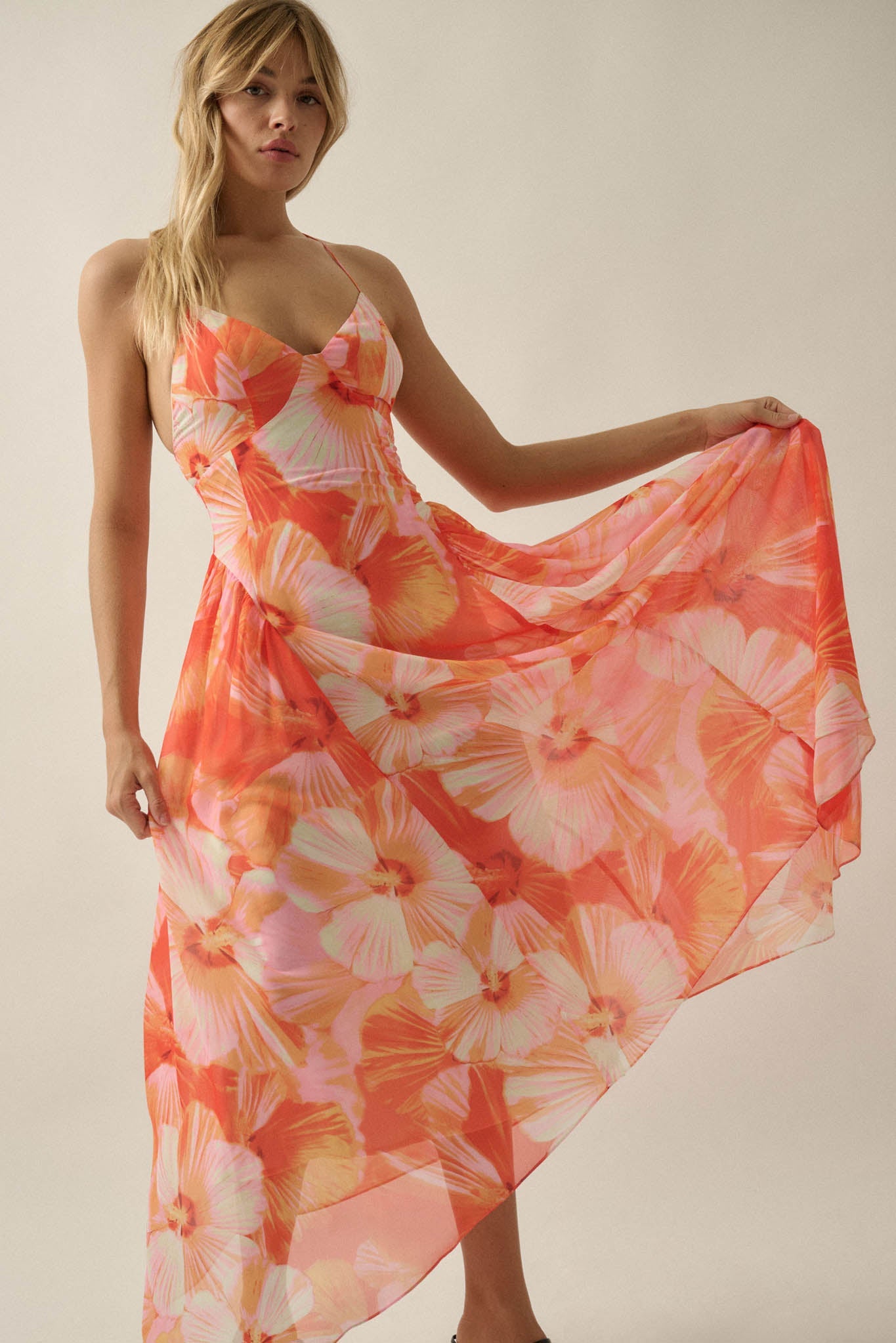 Blooming Isle Floral Chiffon Cross-Back Maxi Dress