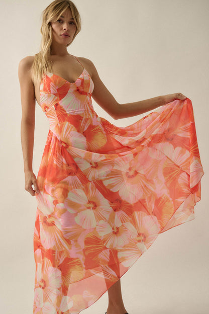 Blooming Isle Floral Chiffon Cross-Back Maxi Dress