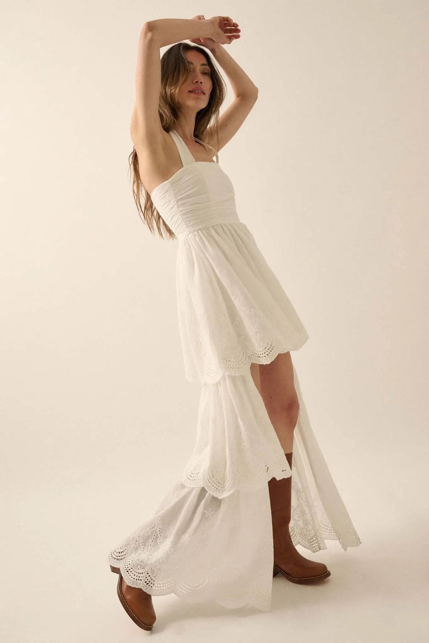 Pure Perfection Eyelet Lace High-Low Maxi Dress