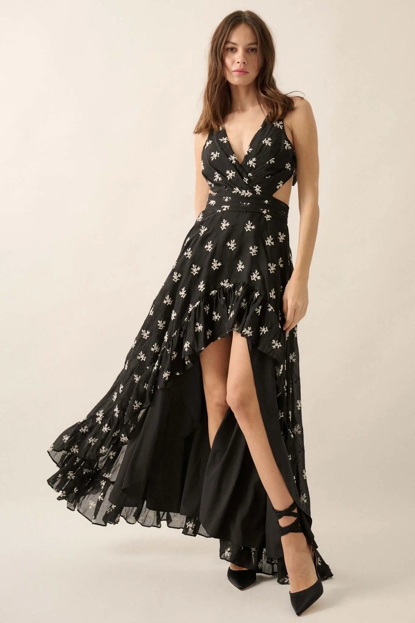 After All Embroidered Tie-Back High-Low Maxi Dress