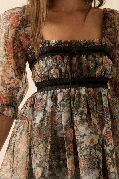 Autumn Meadow Floral Organza Babydoll Mini Dress