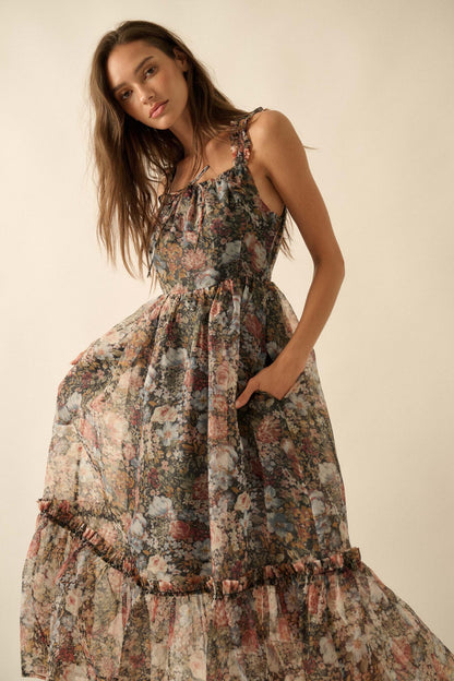 September Blooms Floral Organza Ruffled Maxi Dress