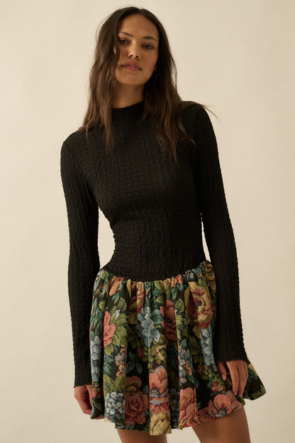 Blooming Brocade Knit and Floral Tapestry Mini Dress