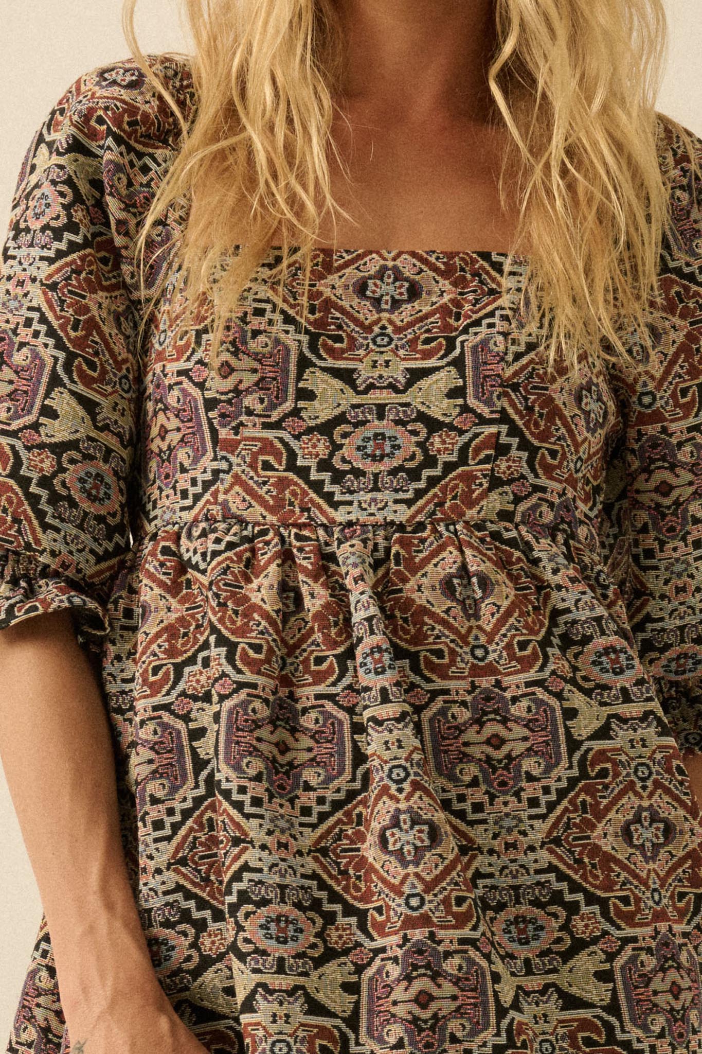 Pure Magic Tapestry Puff-Sleeve Babydoll Mini Dress