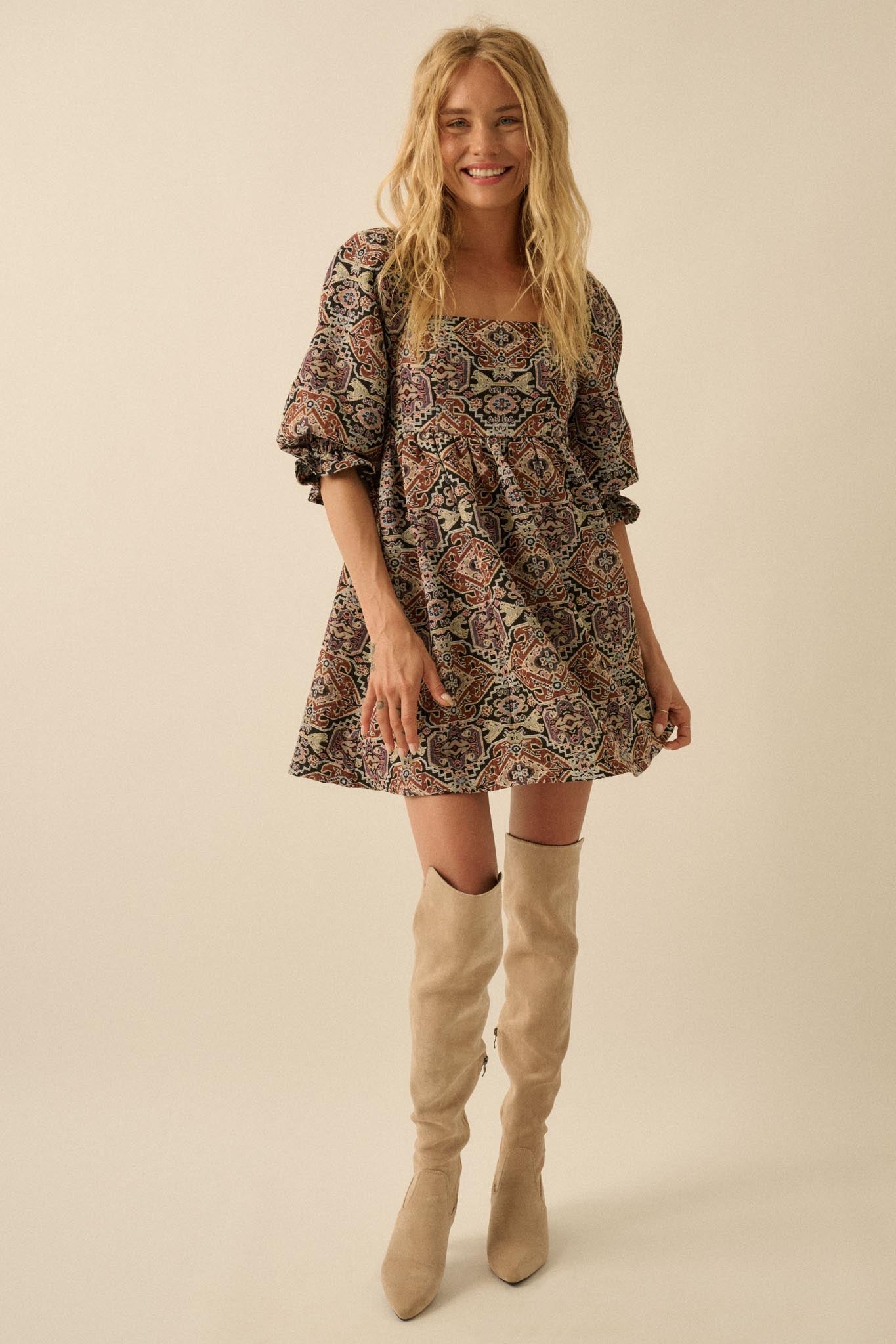 Pure Magic Tapestry Puff-Sleeve Babydoll Mini Dress
