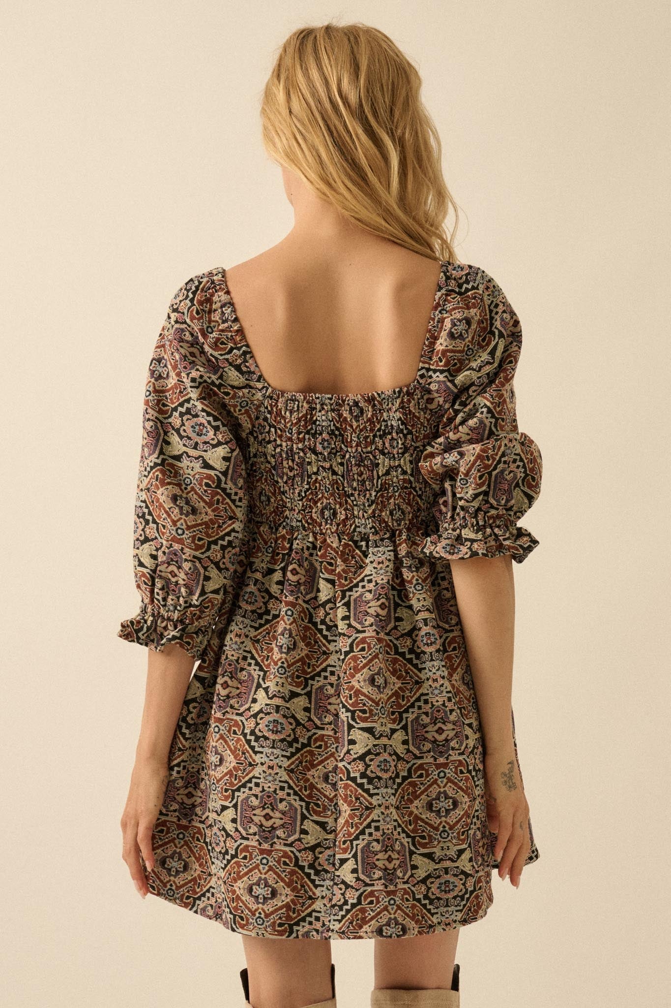 Pure Magic Tapestry Puff-Sleeve Babydoll Mini Dress
