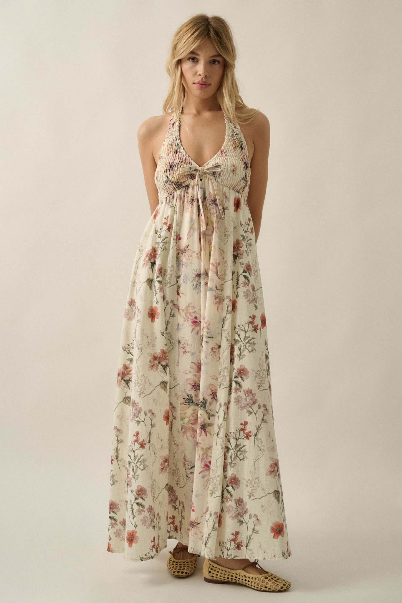 Bouquet by Me Floral-Print Smocked Halter Maxi Dress