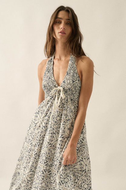 Lost Lands Abstract-Print Smocked Halter Maxi Dress