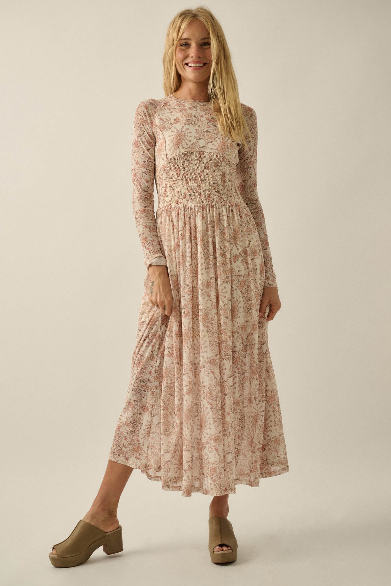 Fantasy World Paisley Mesh Smocked Midi Dress