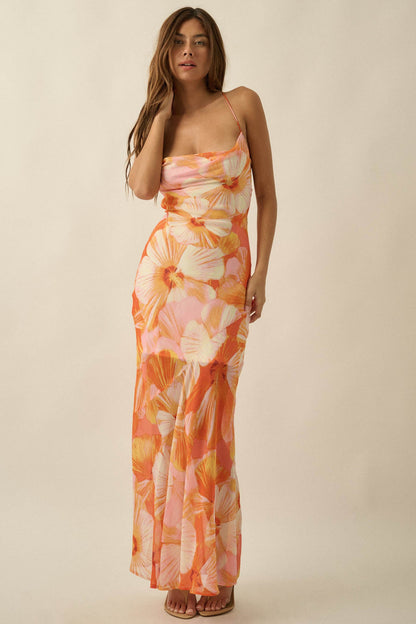 Island Blossoms Floral Chiffon Lace-Up Maxi Dress
