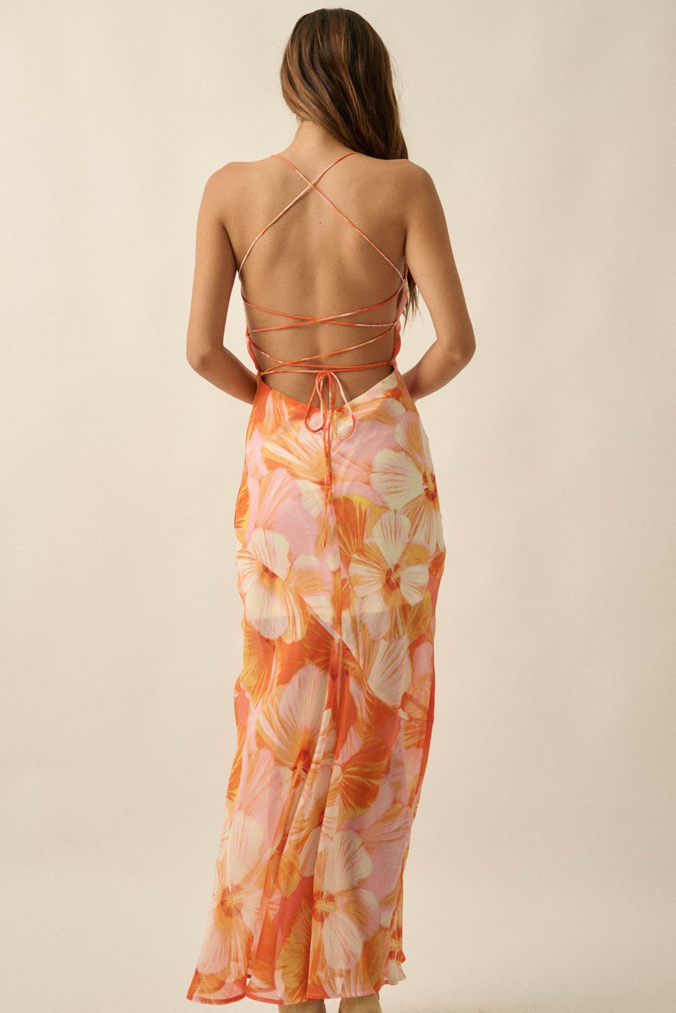 Island Blossoms Floral Chiffon Lace-Up Maxi Dress