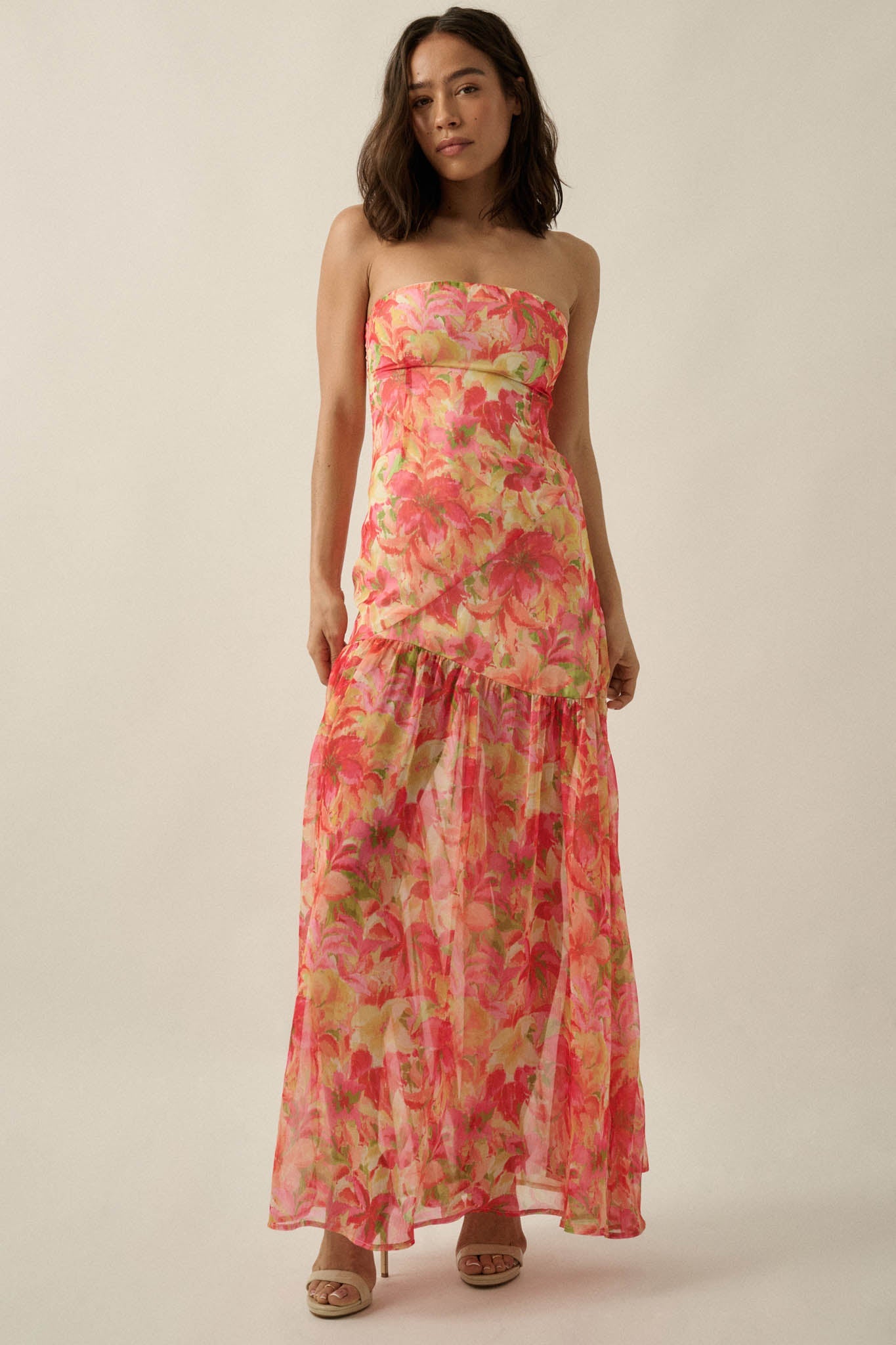 Citrine Garden Floral Chiffon Strapless Maxi Dress