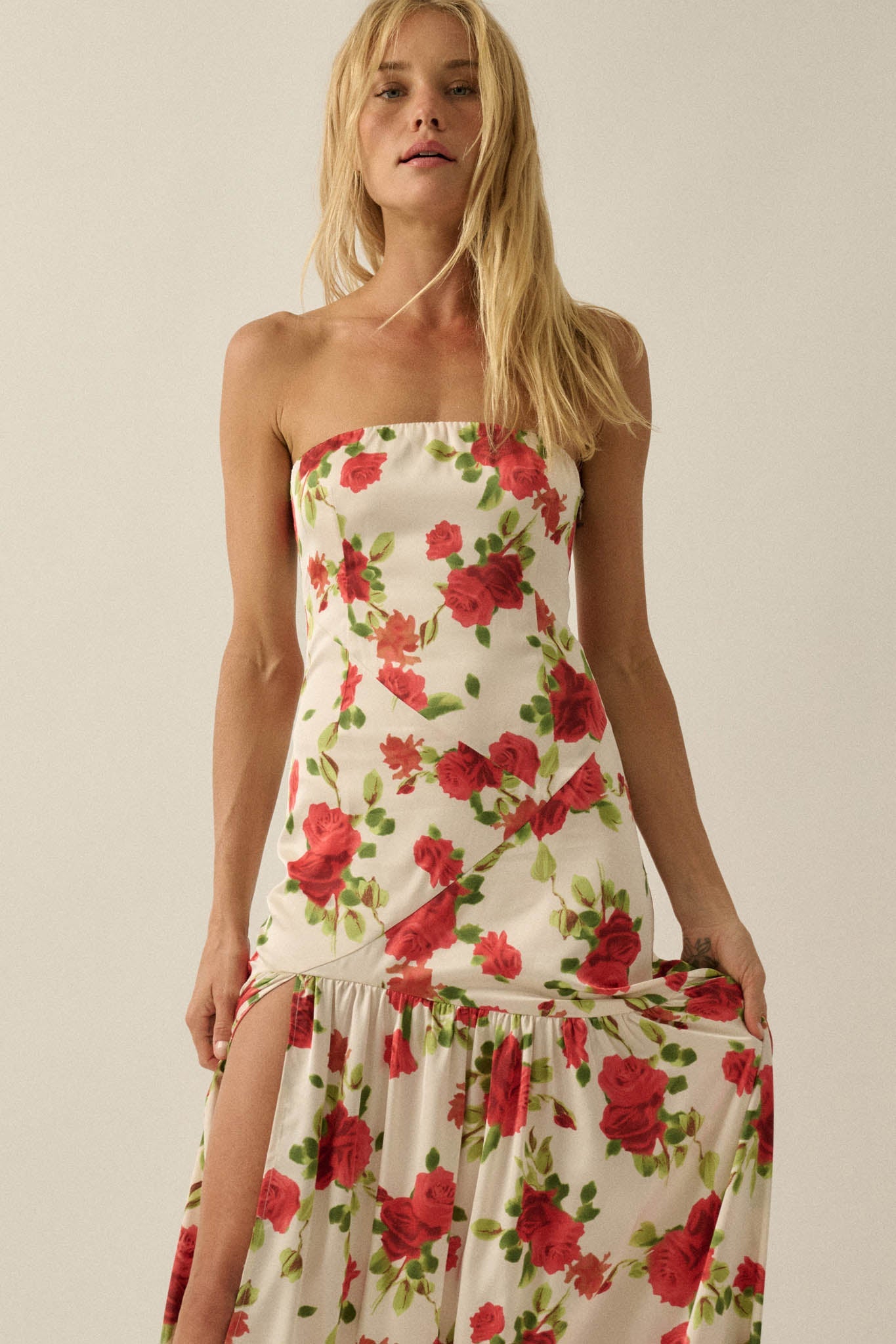 Rose Garden Floral-Print Satin Strapless Maxi Dress