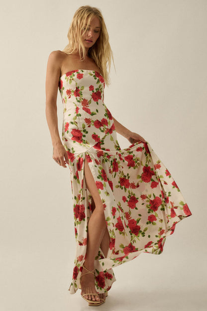Rose Garden Floral-Print Satin Strapless Maxi Dress
