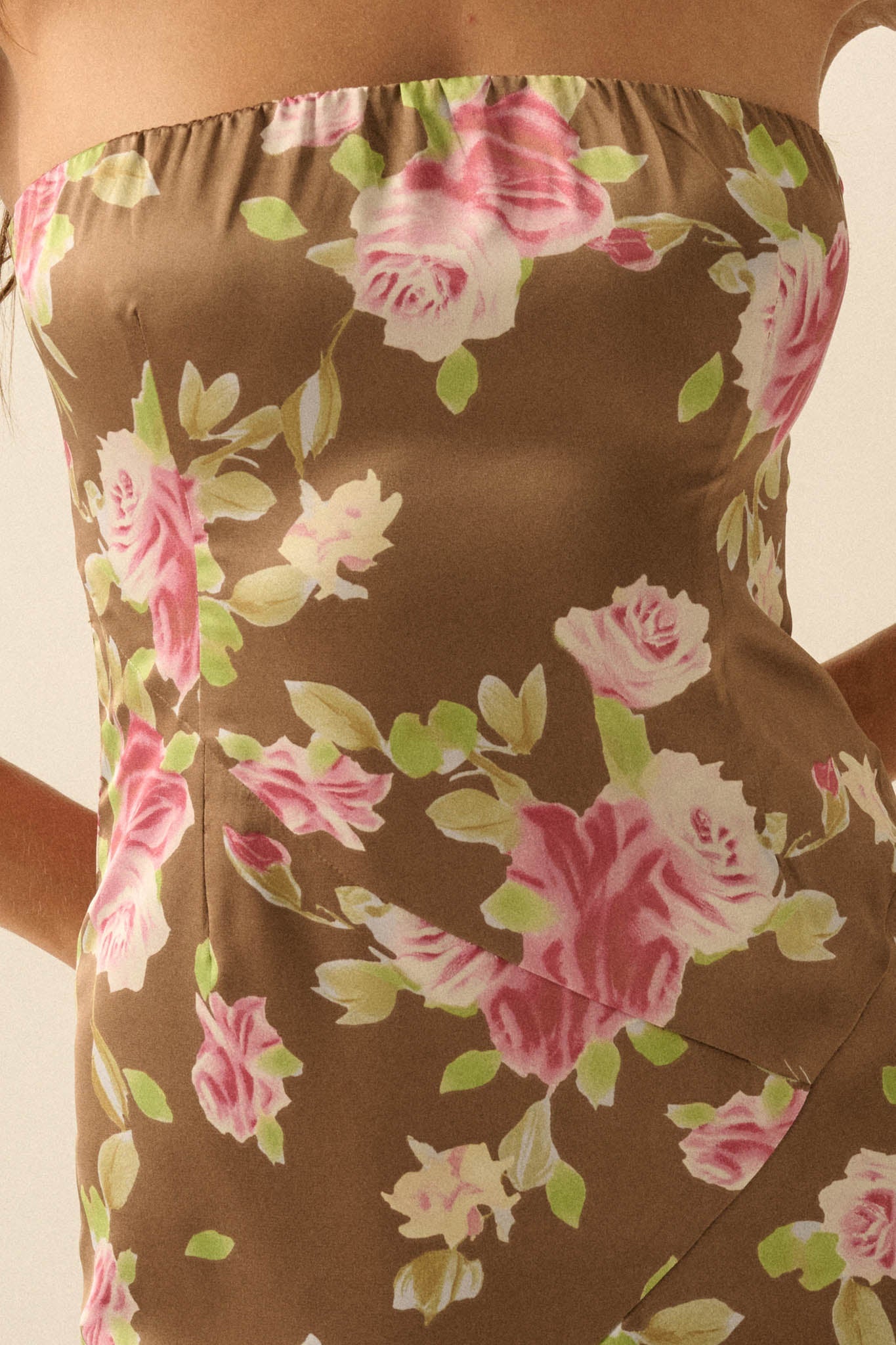 Rose Garden Floral-Print Satin Strapless Maxi Dress