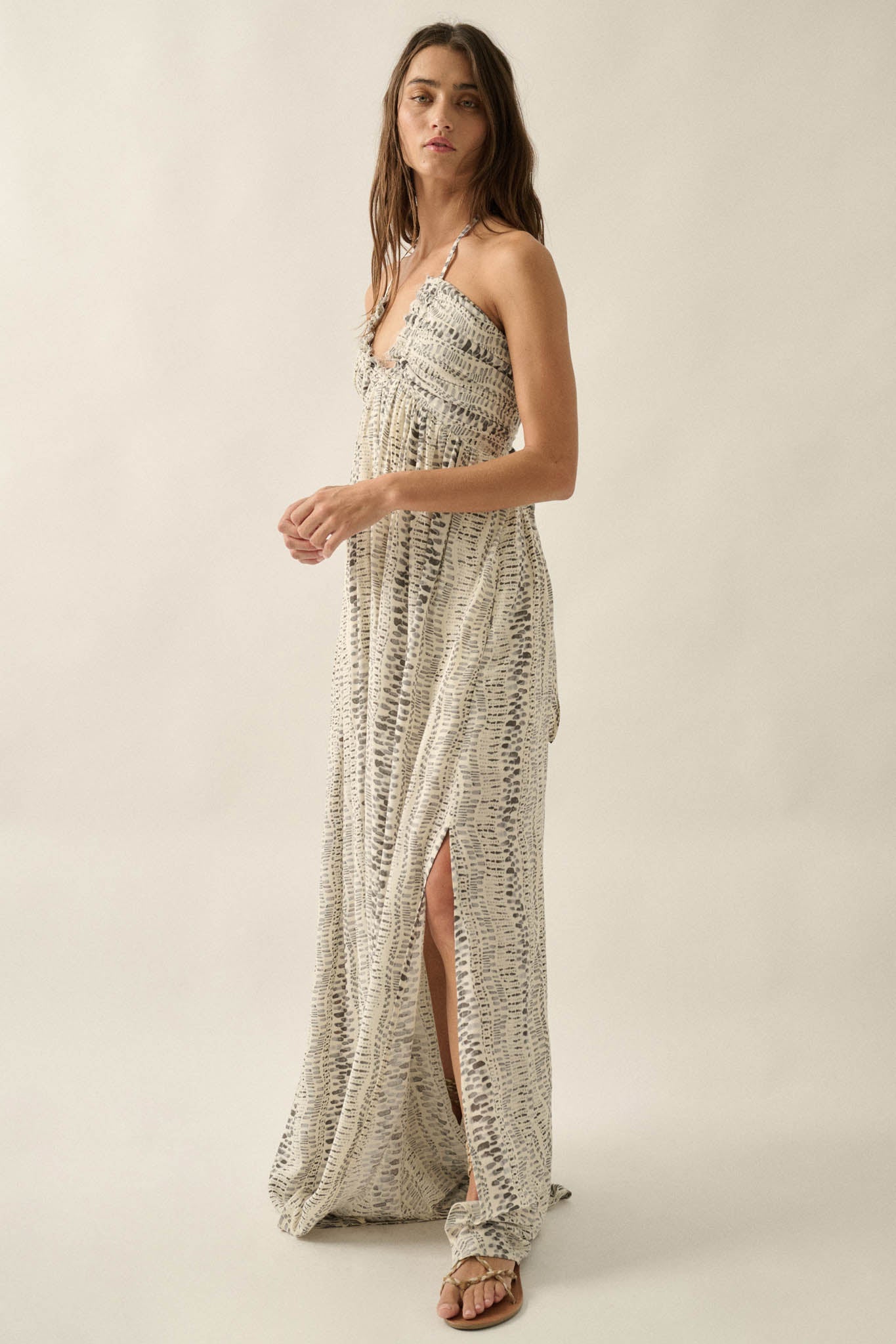 Just Wander Abstract-Print Tie-Back Halter Maxi Dress