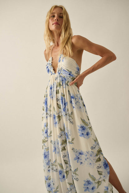 Blooming Elegance Floral Tie-Back Halter Maxi Dress