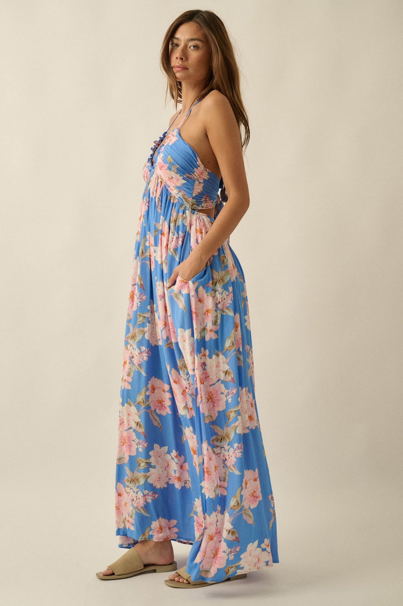 Blooming Elegance Floral Tie-Back Halter Maxi Dress
