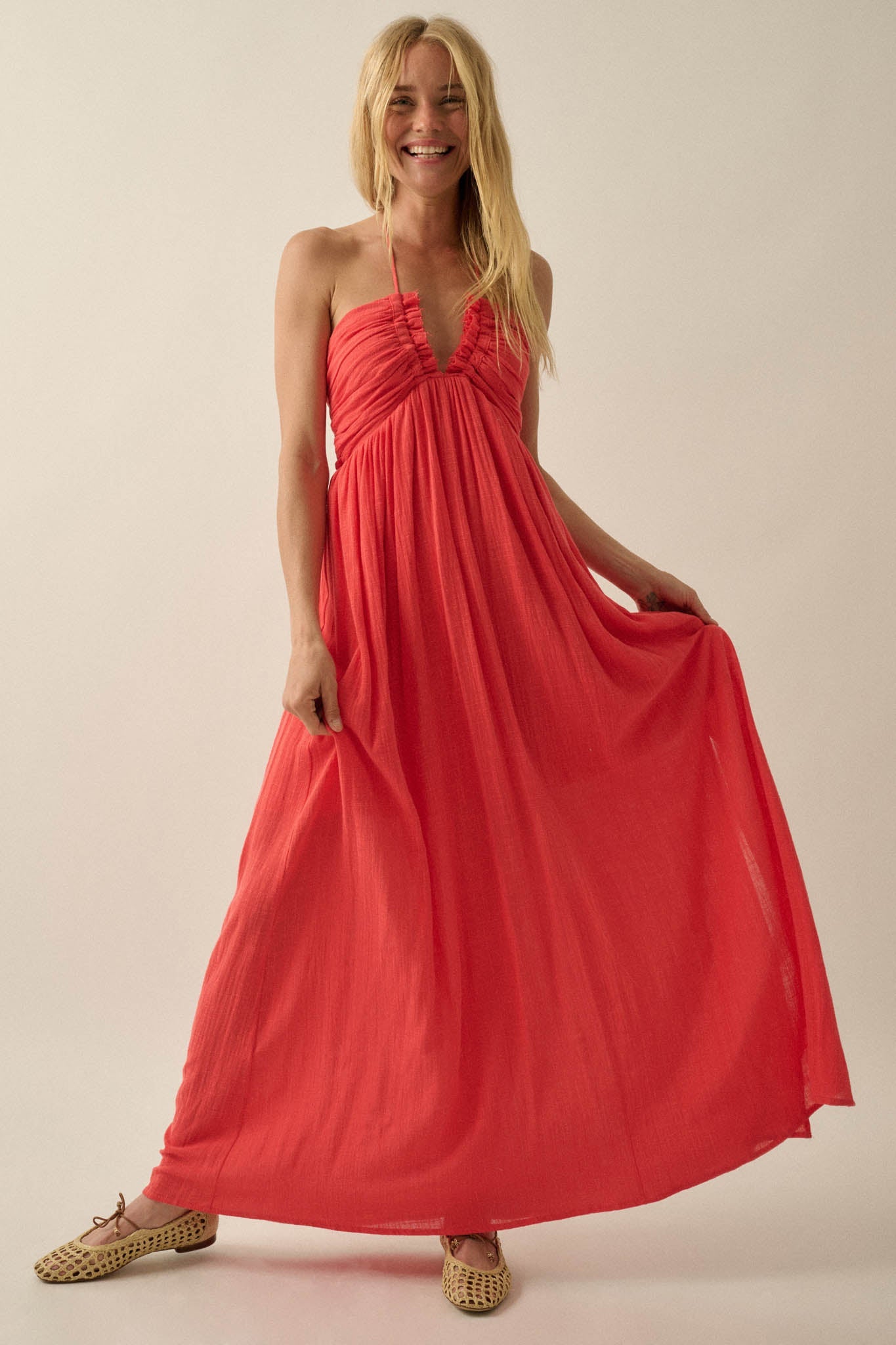 Forever Free Cotton Gauze Tie-Back Halter Maxi Dress