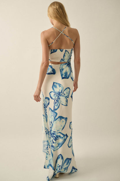 Royal Garden Floral Satin Cowl-Neck Maxi Dress