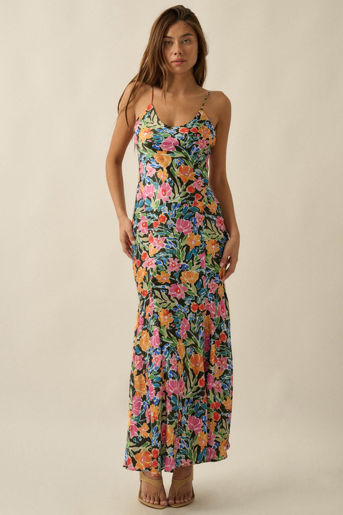 Brightly Blooming Floral Satin Cami Maxi Dress