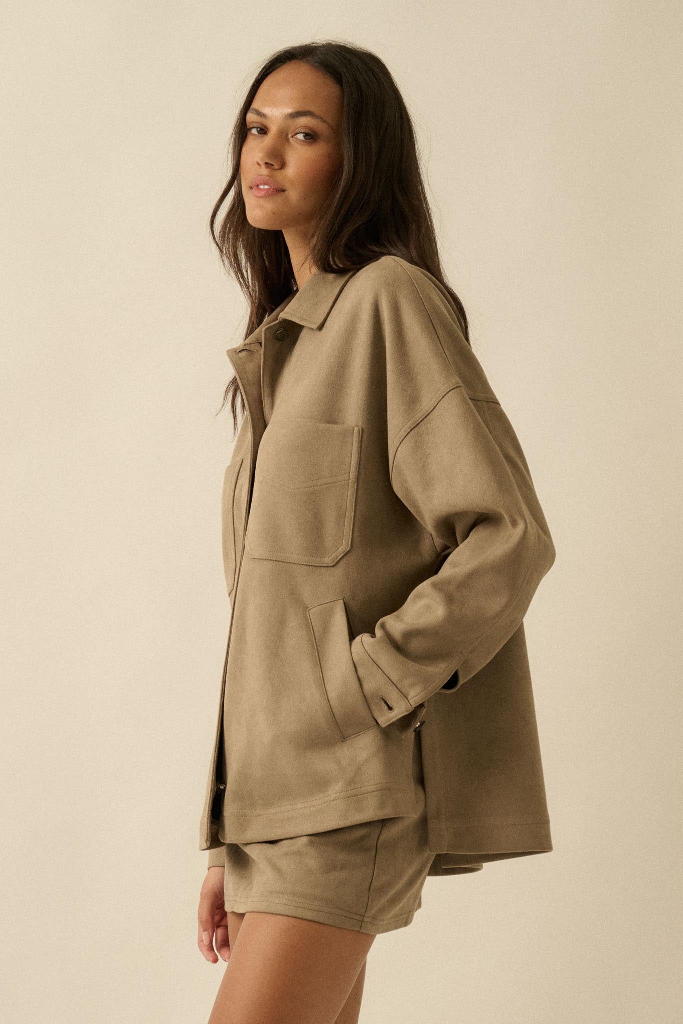 Soft Spoken Vegan Suede Pocket Shacket