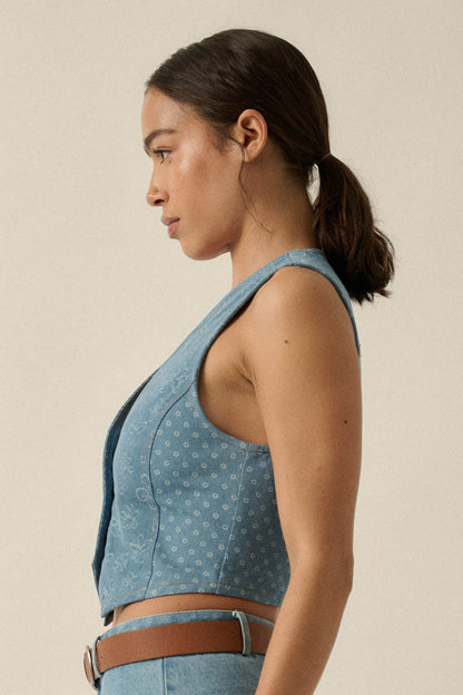 Denim Blooms Floral Jacquard Denim Cropped Vest