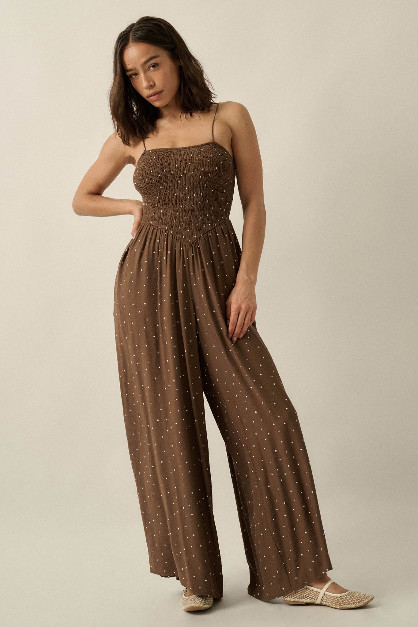 Spot On Polka Dot Smocked Wide-Leg Jumpsuit