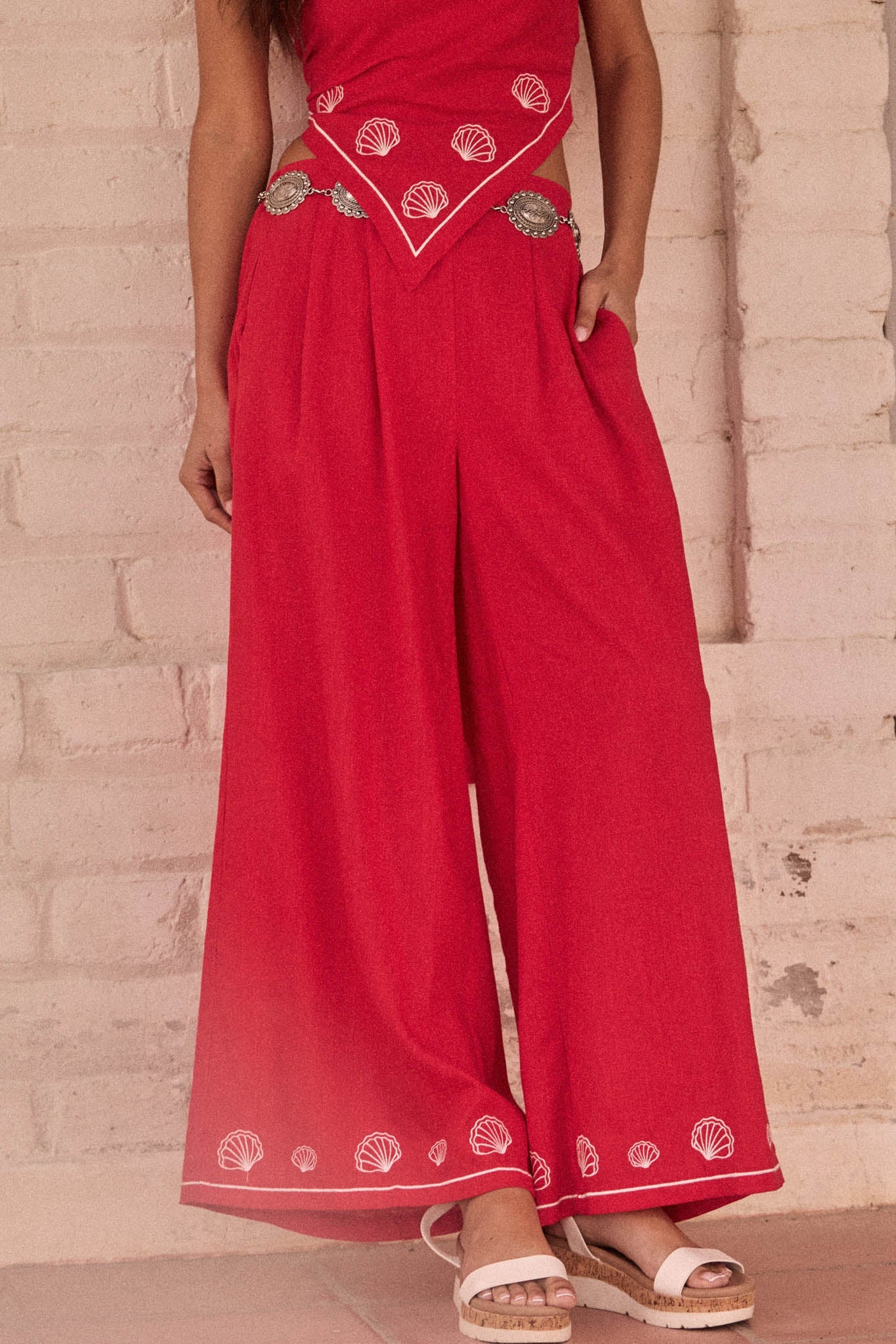 For Shore Shell-Embroidered Wide-Leg Pocket Pants