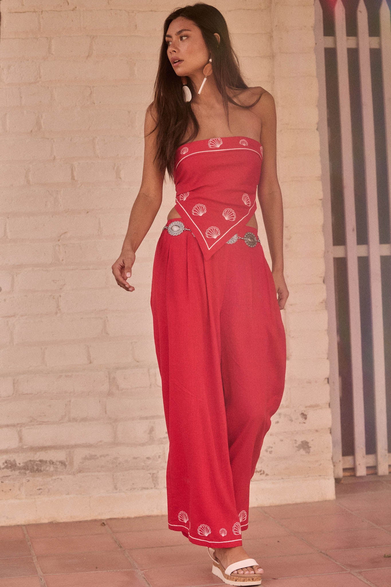 For Shore Shell-Embroidered Wide-Leg Pocket Pants