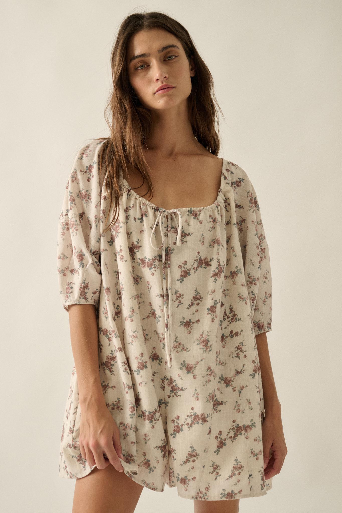Simply Beautiful Floral Puff-Sleeve Babydoll Romper