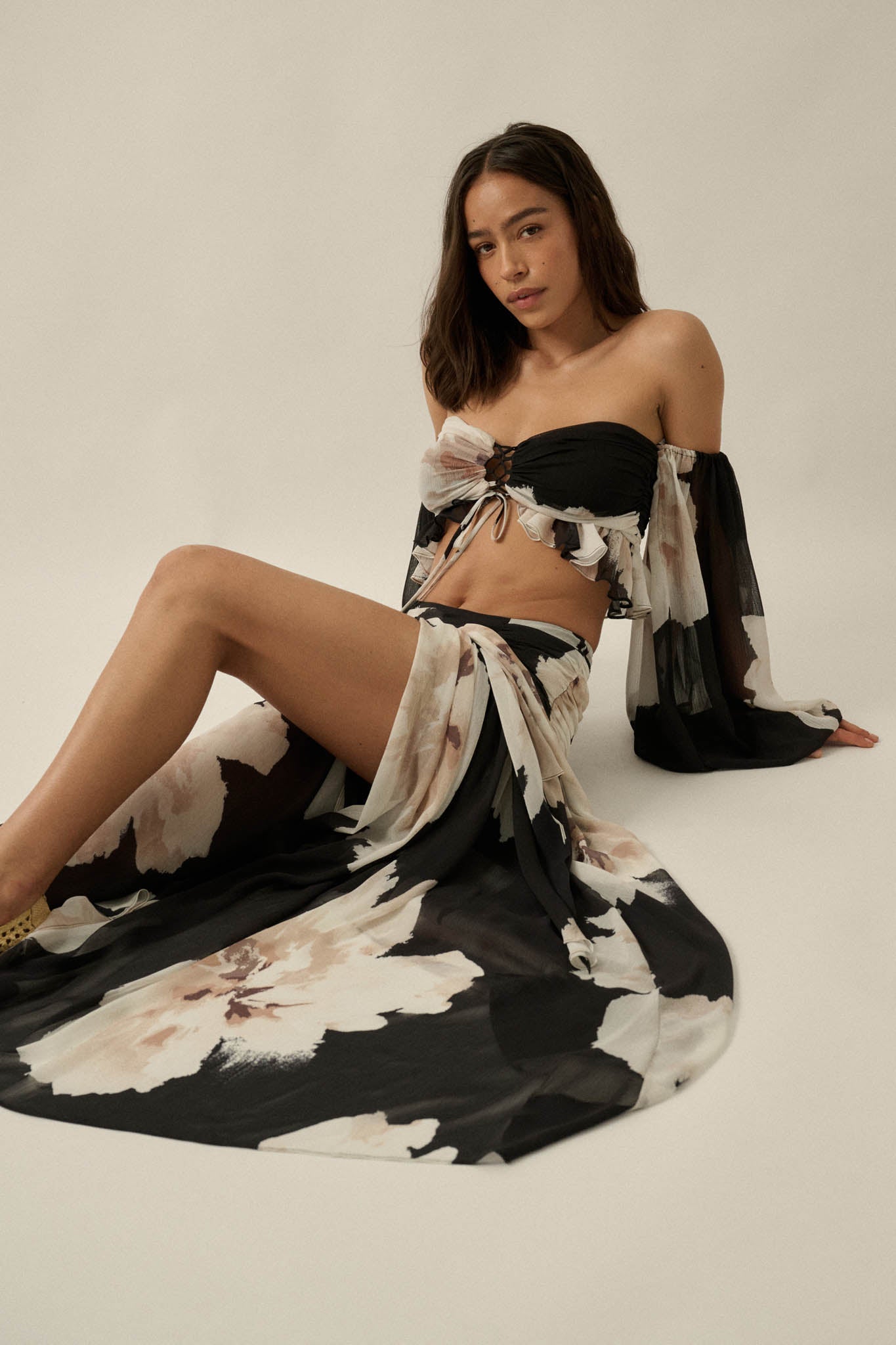Pretty Peonies Floral Chiffon Drop-Waist Maxi Skirt