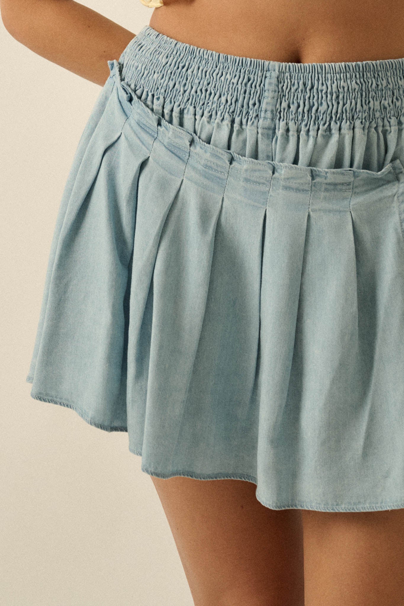 Blue Belle Smocked Denim Pleated Wrap Mini Skort